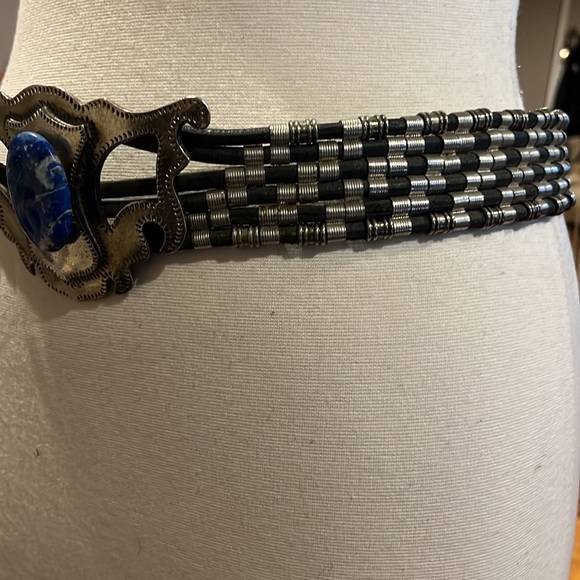 Vintage A.C. Gypsy lapis with corded silver tone beaded statement belt - Picture 6 of 15
